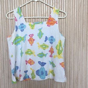 Tank top, square neck, boxy in fish print.